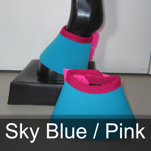 A pair of blue and pink bell boots on a mannequin