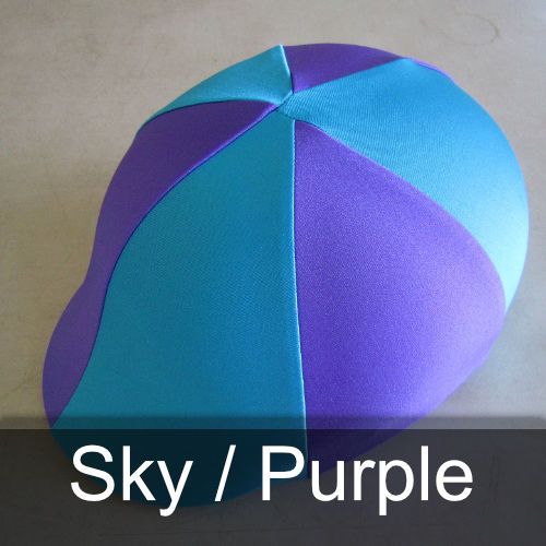 A blue and purple hat that says sky / purple