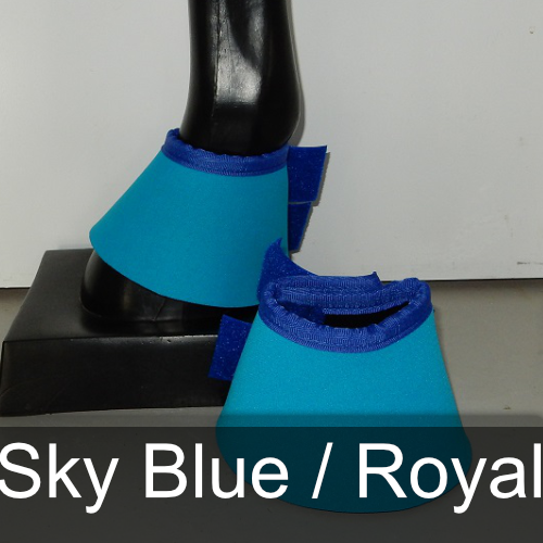 A pair of sky blue bell boots on a horse