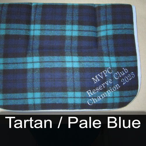 A blue and black plaid blanket that says mypc reserve club champion 2022
