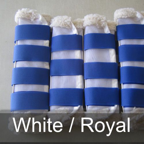 A row of white and blue boots with the words white / royal below them