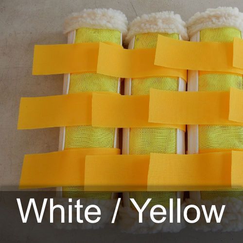 A yellow and white item with the words white / yellow below it