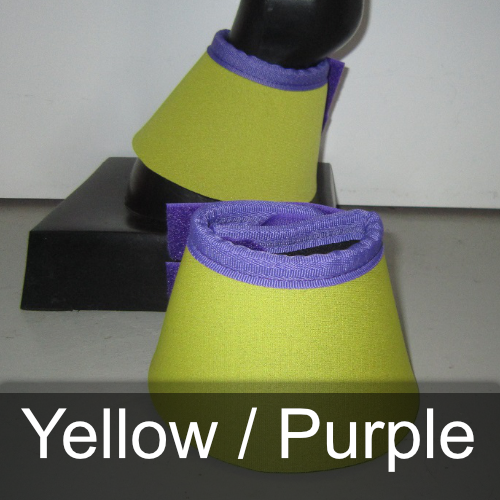 A pair of yellow and purple bell boots