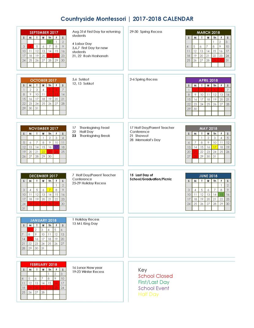 Countryside Montessori School Calendar