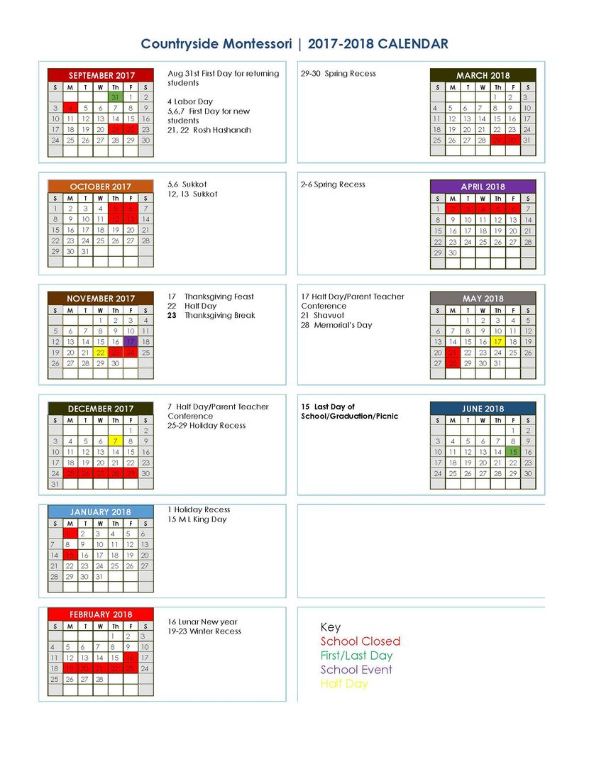 School Year Calendar | Countryside Montessori School | Great Neck, Manhasset, Roslyn, Flusing, Bayside, New Hyde Park NY