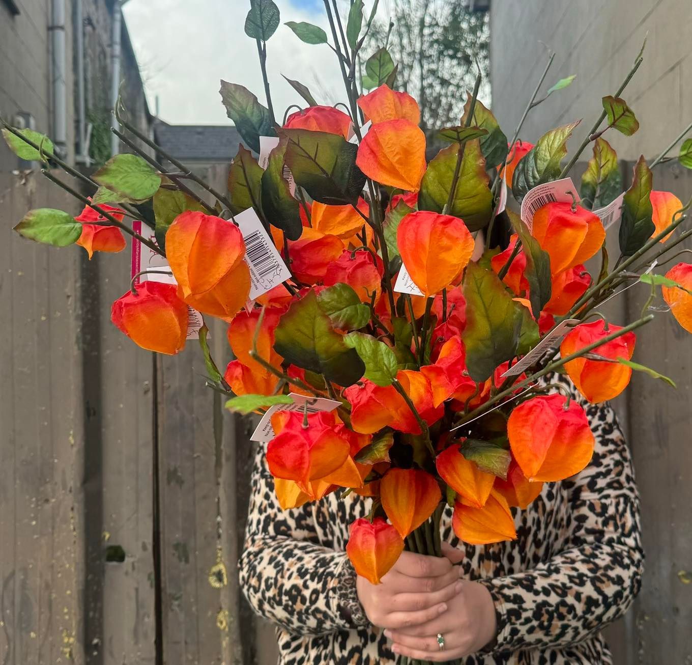 Person holding a bouquet of orange Chinese lanterns.