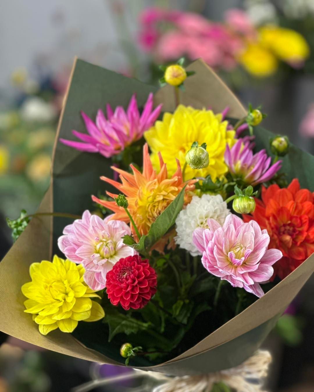 Bouquet of colorful dahlias, wrapped in brown paper and green foliage.