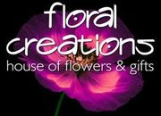 Floral Creations logo with purple flower on black background. Text reads