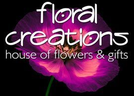 Floral Creations logo with purple flower on black background. Text reads
