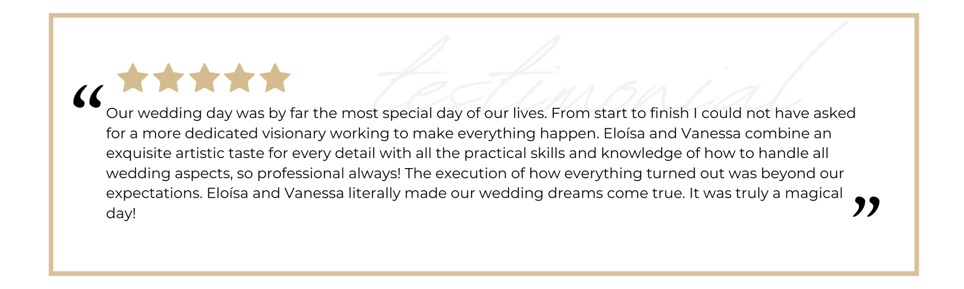 Gold 5-star review quote in a beige framed box with decorative quotation marks