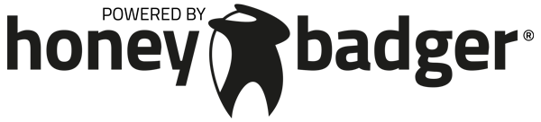 A honey badger logo that is black and white