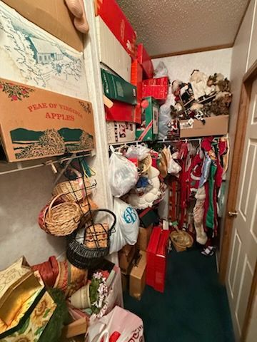 A closet filled with lots of christmas decorations and boxes.