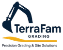 TerraFam grading logo with excavator silhouette, text and a yellow curved line.