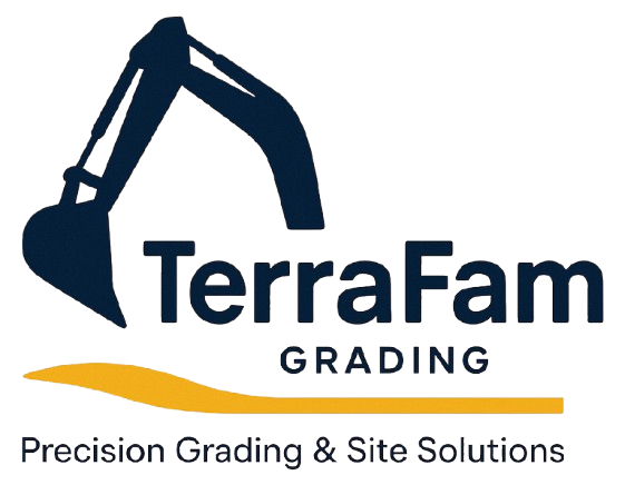 TerraFam grading logo with excavator silhouette, text and a yellow curved line.