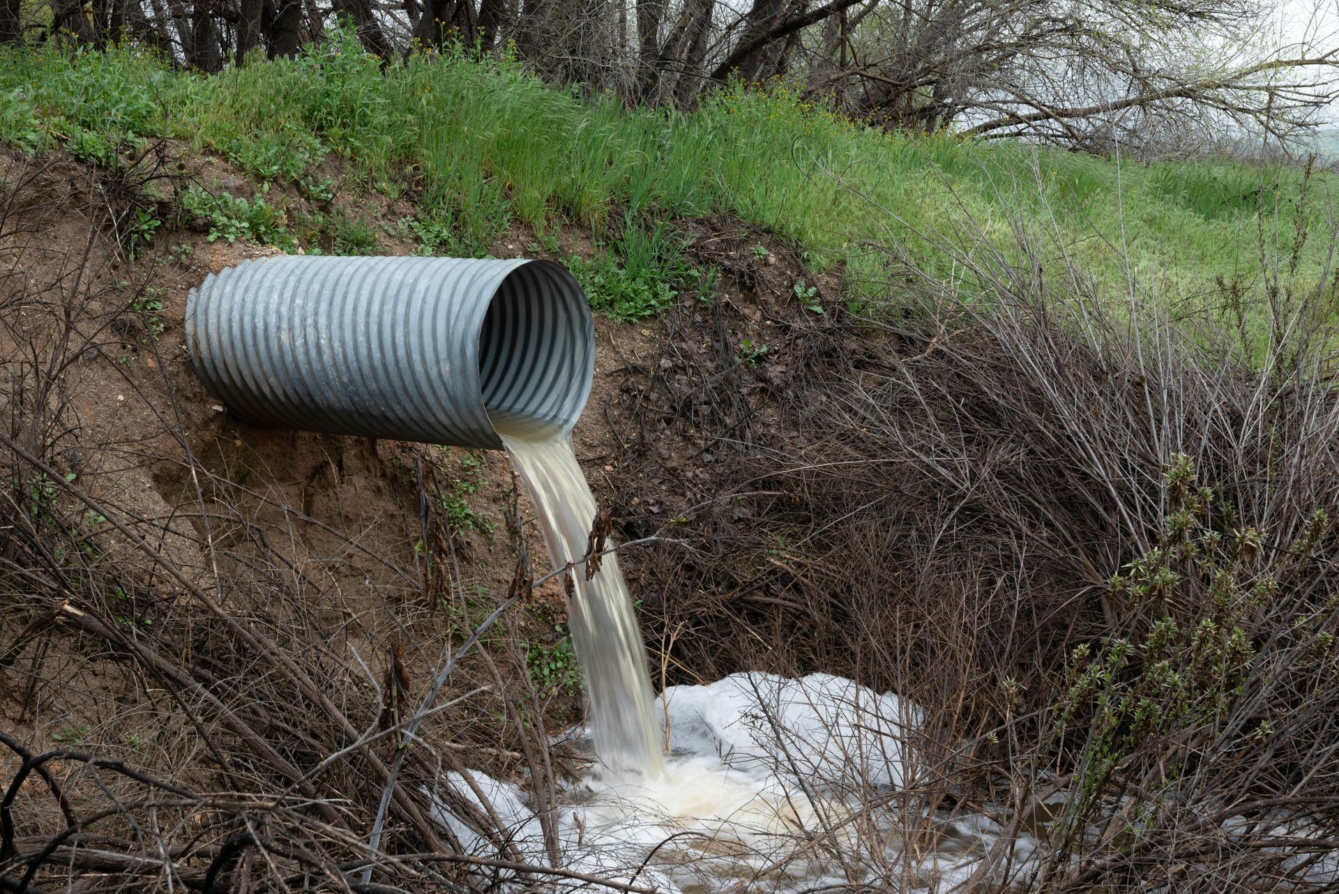 Corrugated metal pipe discharging brown water into a small stream. Overgrown bank with sparse vegetation.
