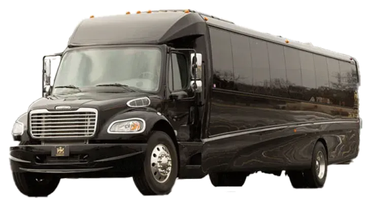 A black shuttle bus is parked on the side of the road.