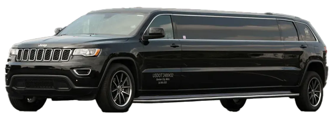 A black jeep grand cherokee limousine is parked on a white background.