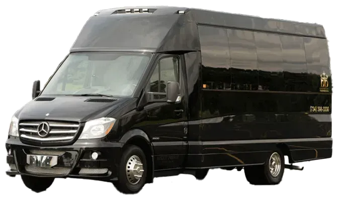A black mercedes van is parked on a white background