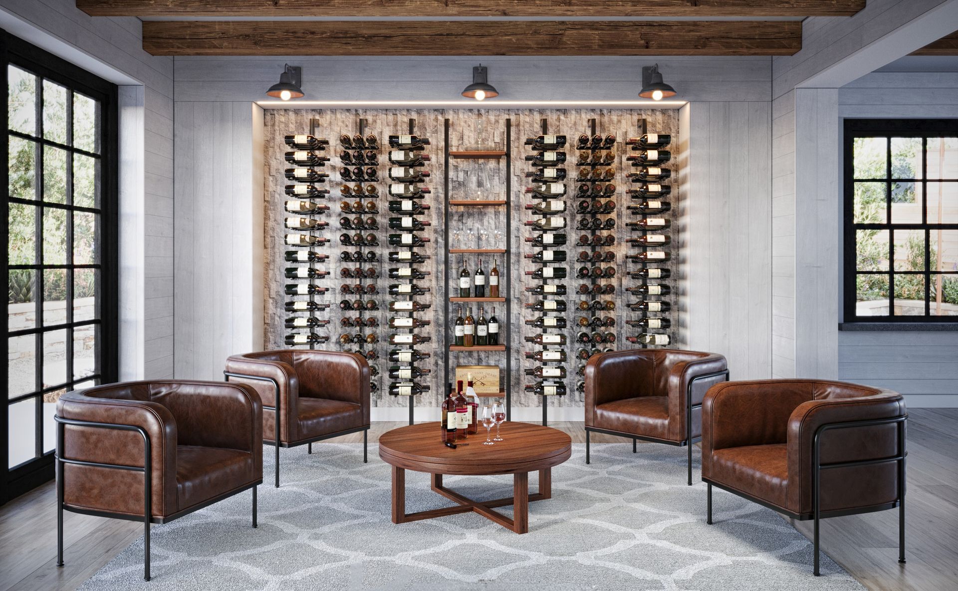 Wine cellar with brown leather chairs, wine bottles, and wooden accents.