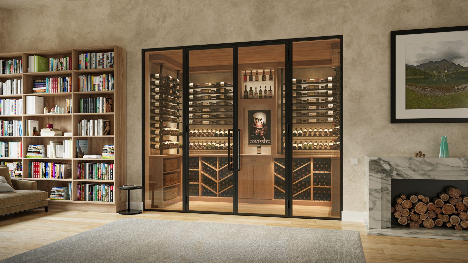 Wine cellar with glass doors, built-in shelving, books, and a fireplace in a living room.