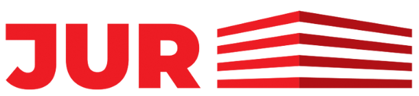 Texte « JUR » rouge avec un élément architectural rouge.