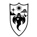 A black and white shield with a ghost on it.