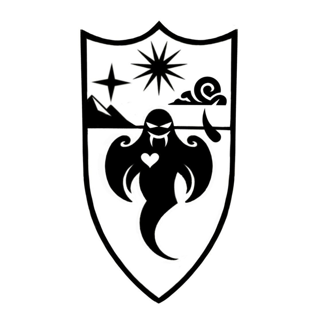 A black and white shield with a ghost on it.