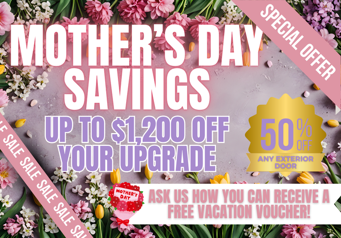Mother's Day savings ad with pink flowers, up to $1,200 off, 50% off, and free vacation voucher offer