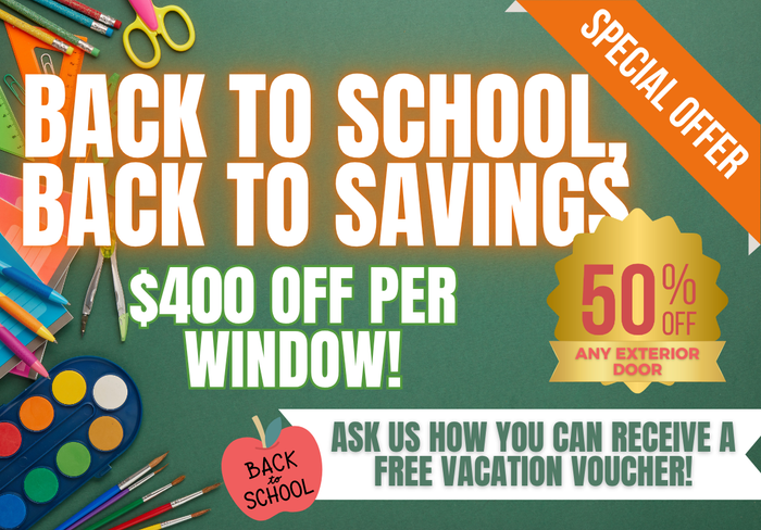 An advertisement for a 4th of july sale, 50% off any exterior door, $400 off per window