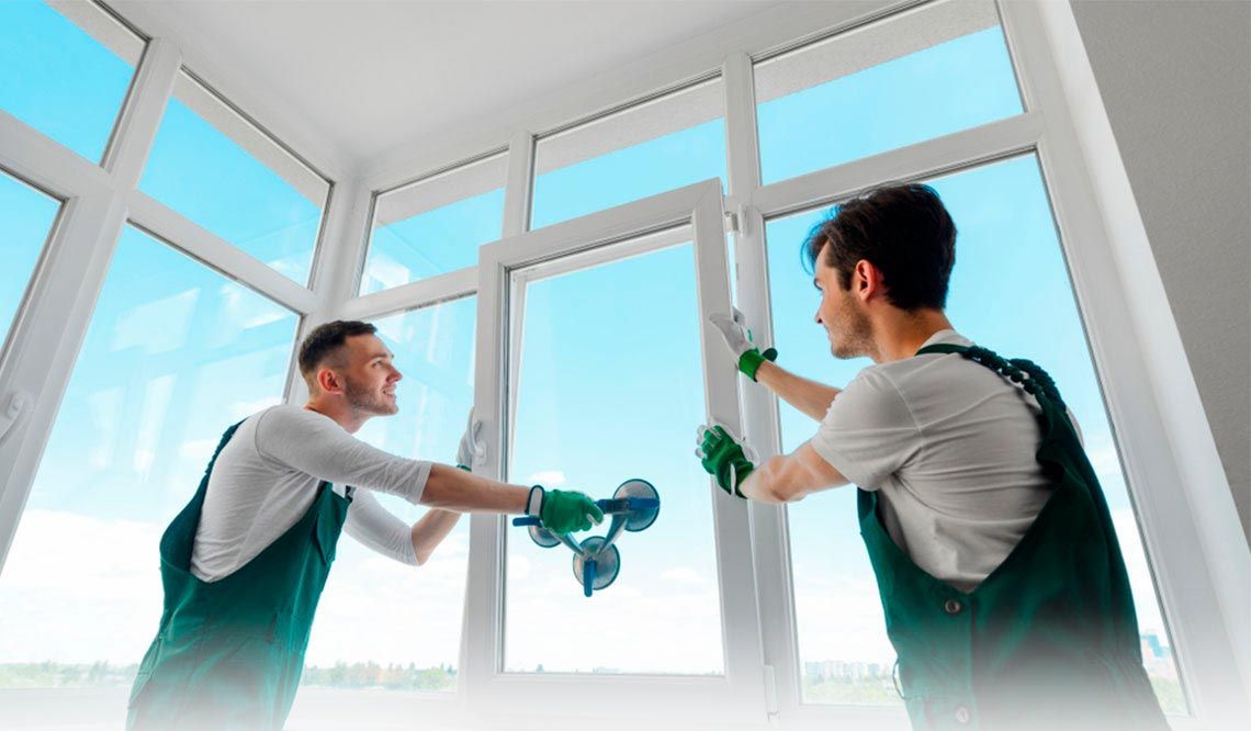 Two men are installing a window in a room.