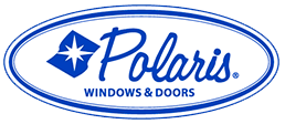 A blue and white logo for polaris windows and doors