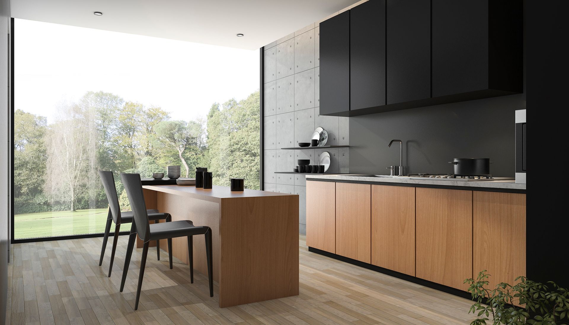 a modern kitchen with black cabinets and wooden cabinets and a large window .