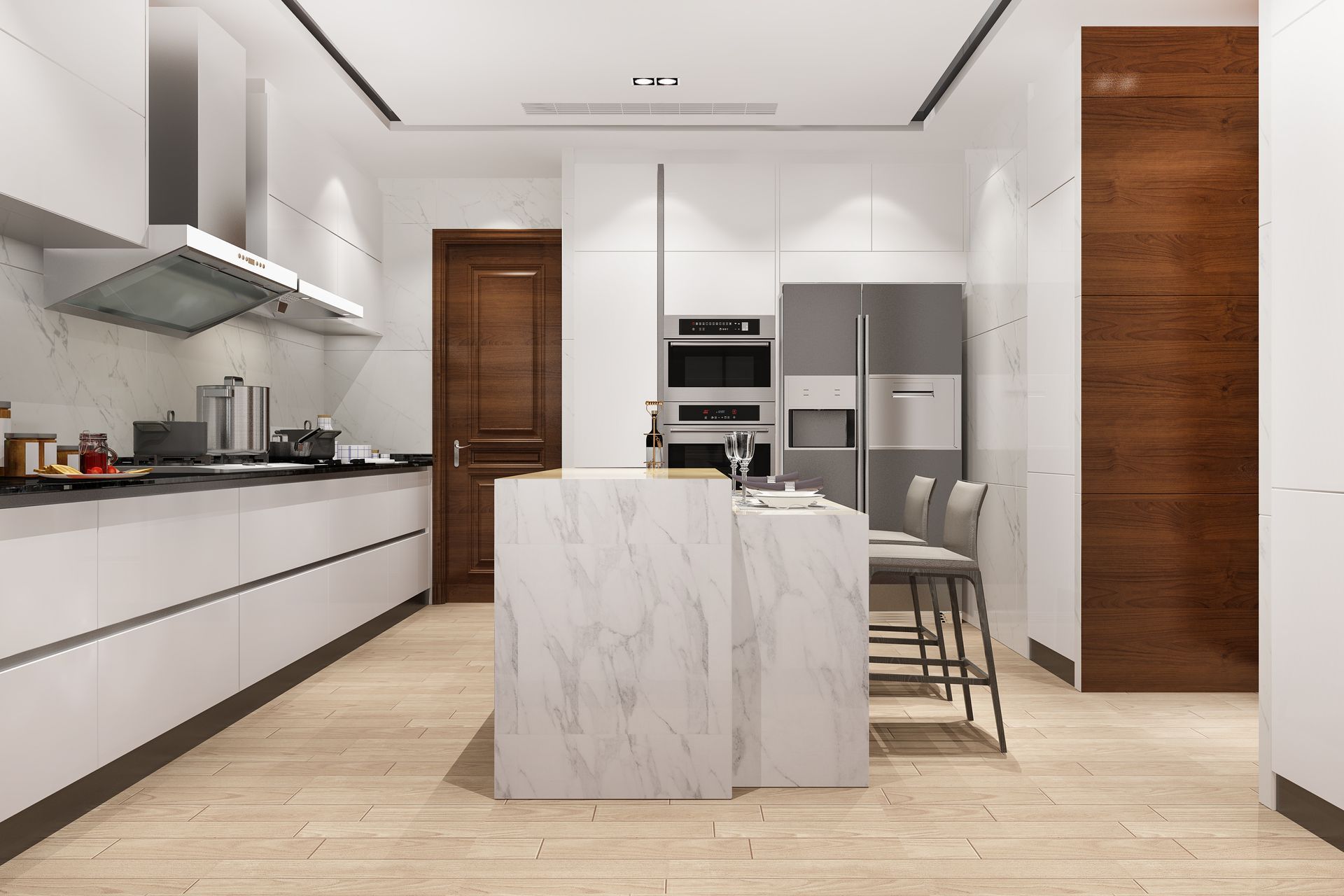 a modern kitchen with white cabinets , stainless steel appliances , and a large island .
