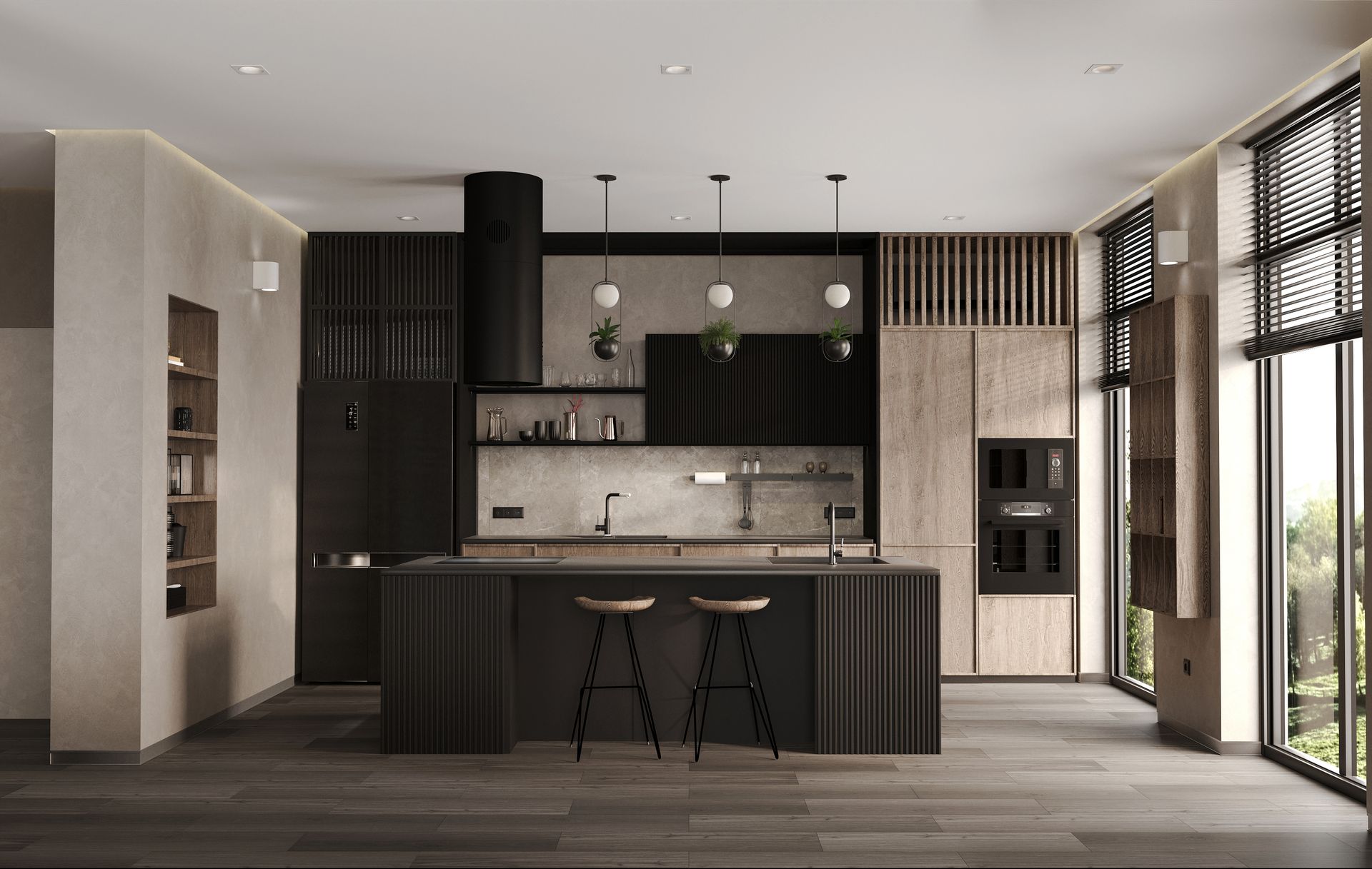 a modern kitchen with black cabinets and a large island .