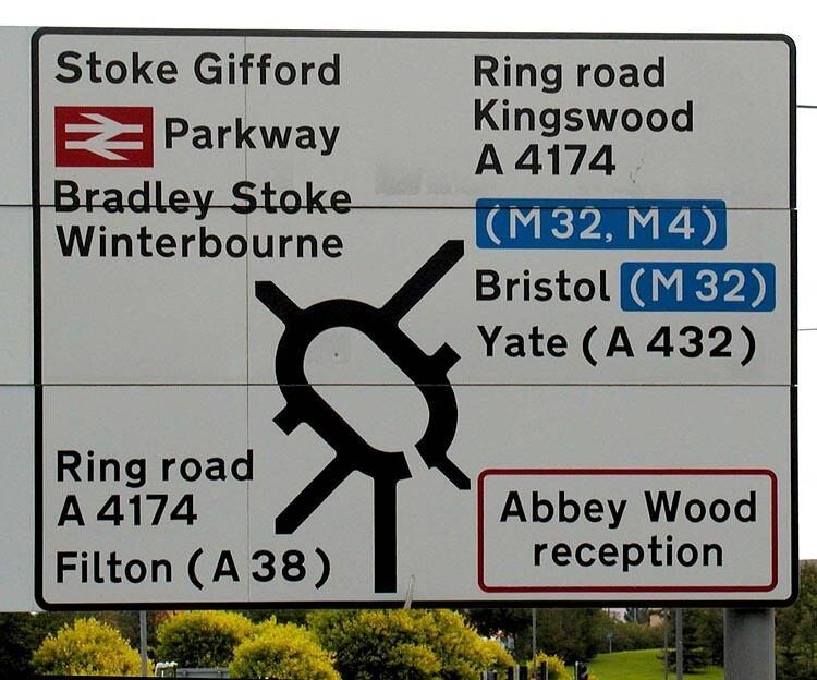 large sign with roundabout information bristol