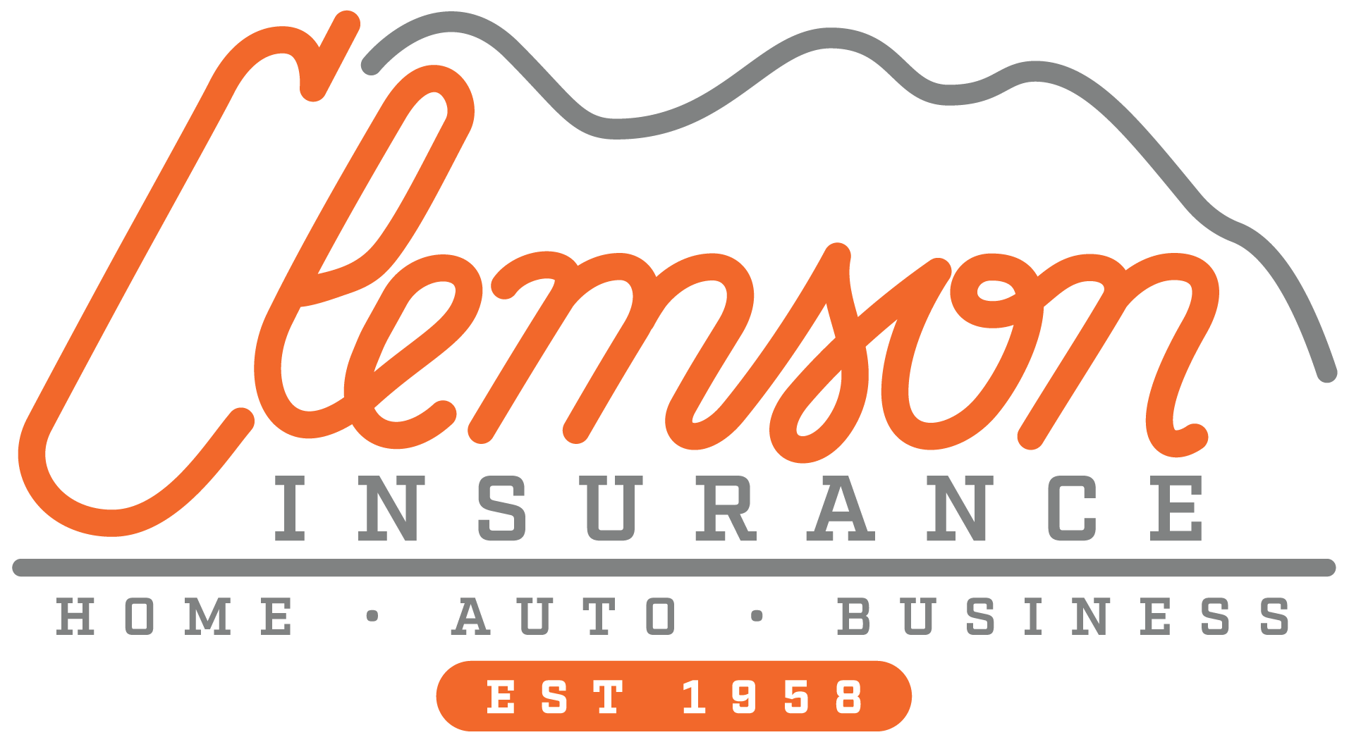 Clemson Insurance logo in orange, gray, and white with “Home Auto Business” and “Est. 1958” text