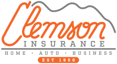 Clemson Insurance logo in orange, gray, and white with &ldquo;Home Auto Business&rdquo; and &ldquo;Est. 1958&rdquo; text