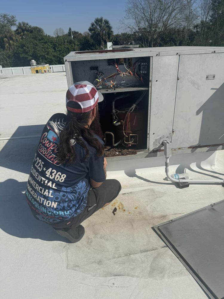 A woman is kneeling on the roof of a building looking into a box.
