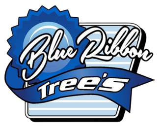 Blue Ribbon Tree's logo: Blue and white text on a badge with a blue ribbon, against a blue-lined background.