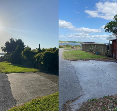 Split view of a driveway and yard, with a body of water in the background. Overcast and sunny skies.