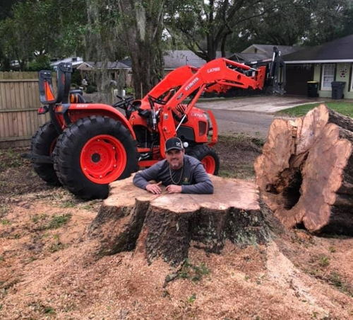 Man leans on a large tree stump, orange tractor in background. Outdoor setting with sawdust and cut log.