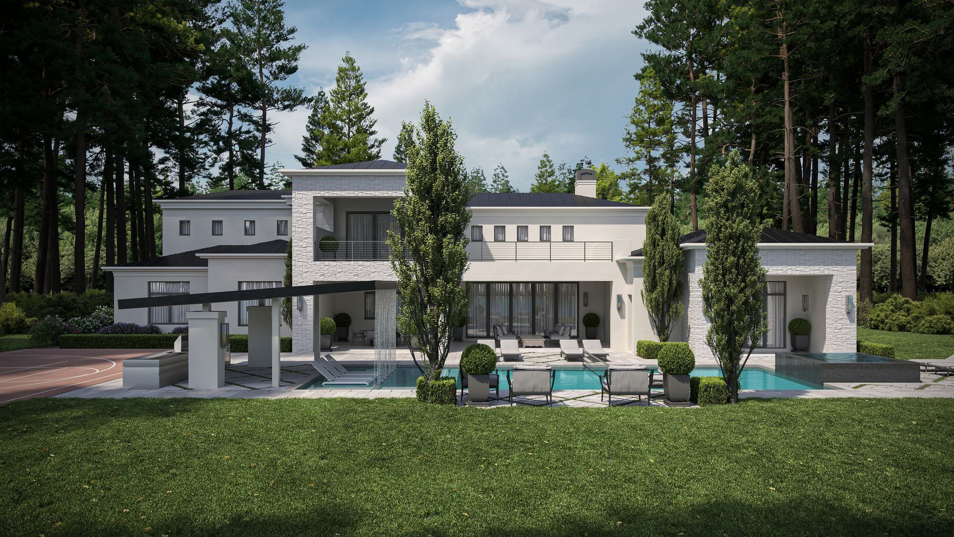 A large white house with a pool in the middle of a forest.