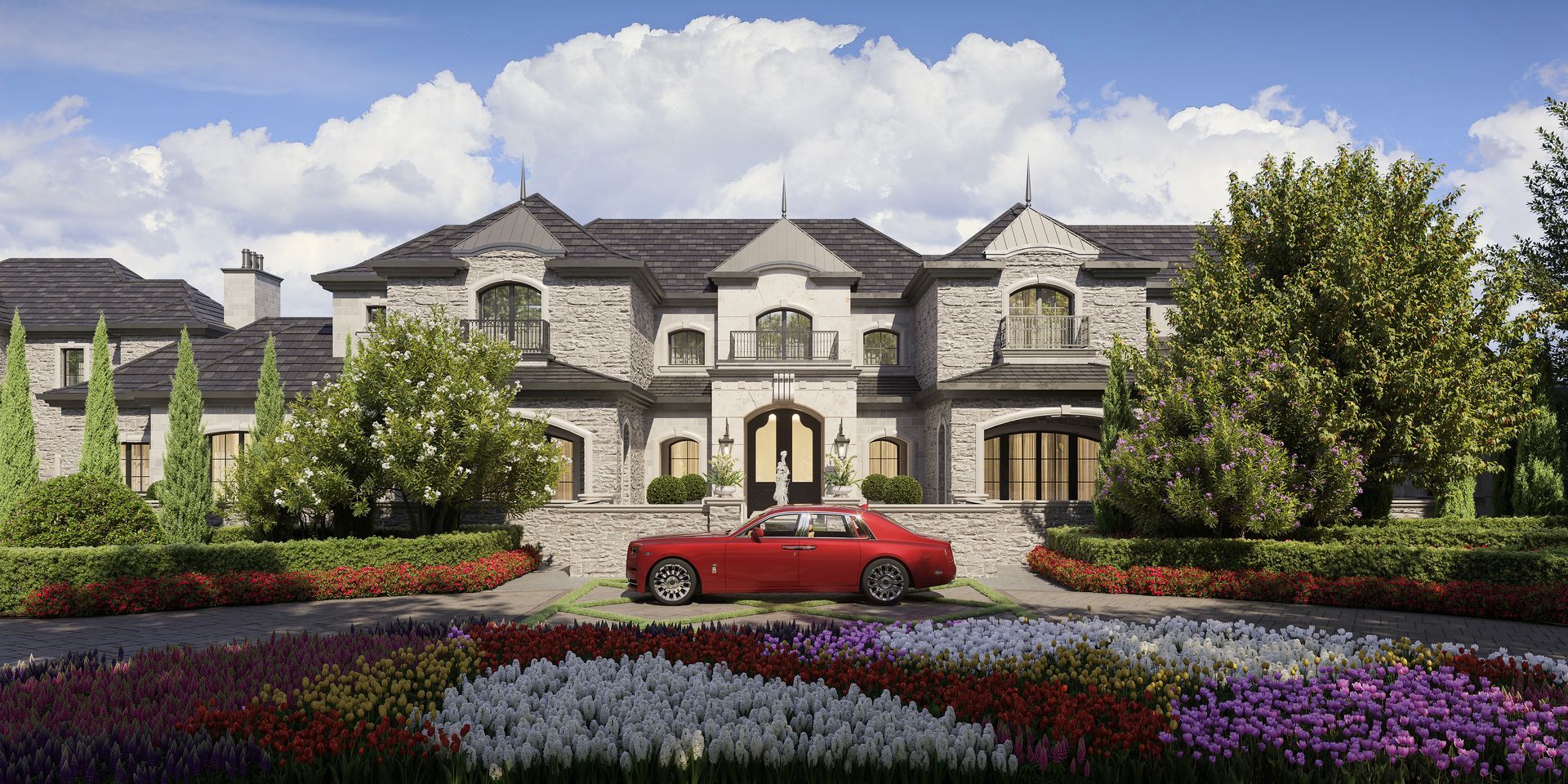 A red car is parked in front of a large house.
