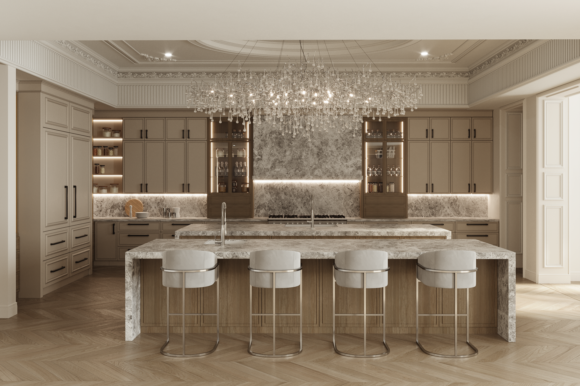 A kitchen with a large island and stools and a chandelier hanging from the ceiling.