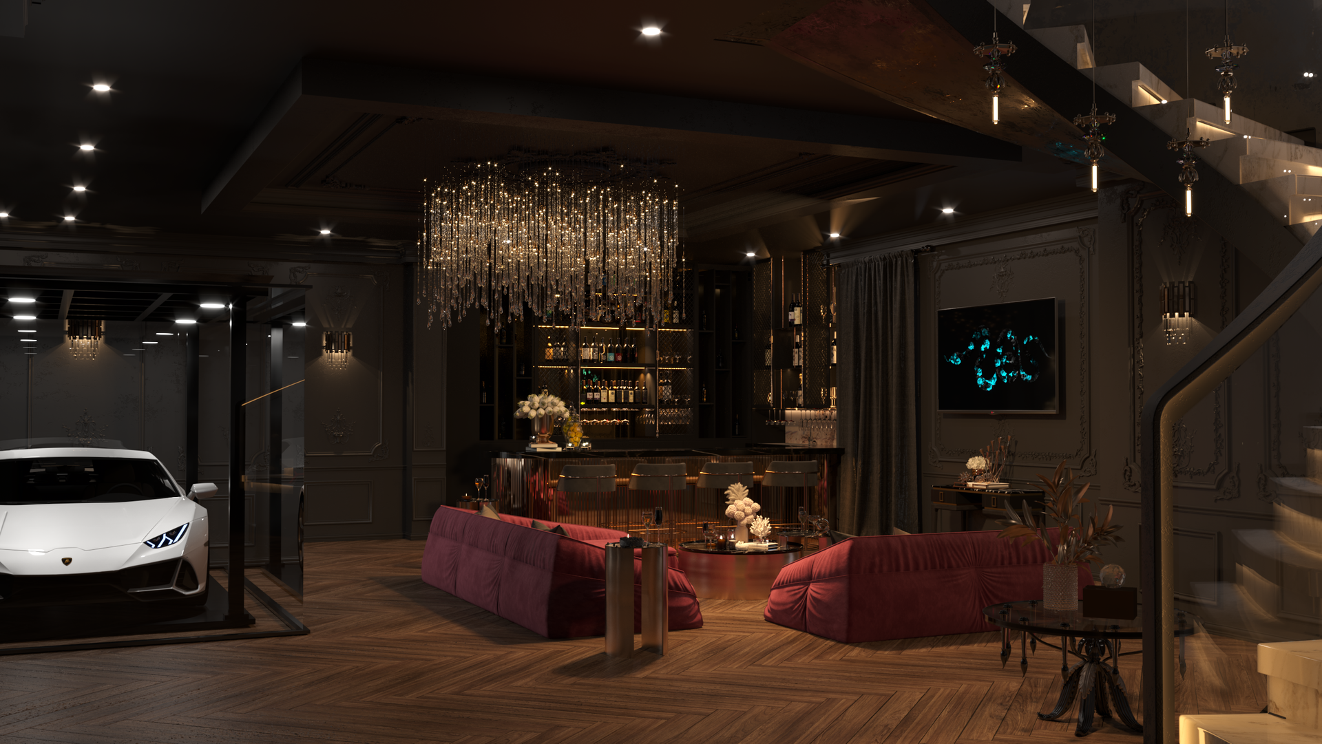 A car is parked in a garage in a living room.