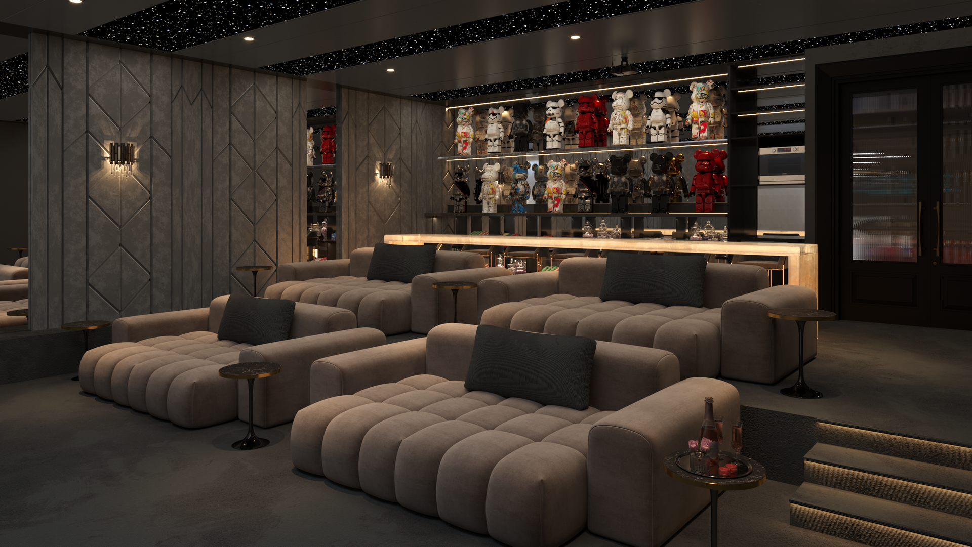 A rendering of a home theater with lots of couches and a bar.