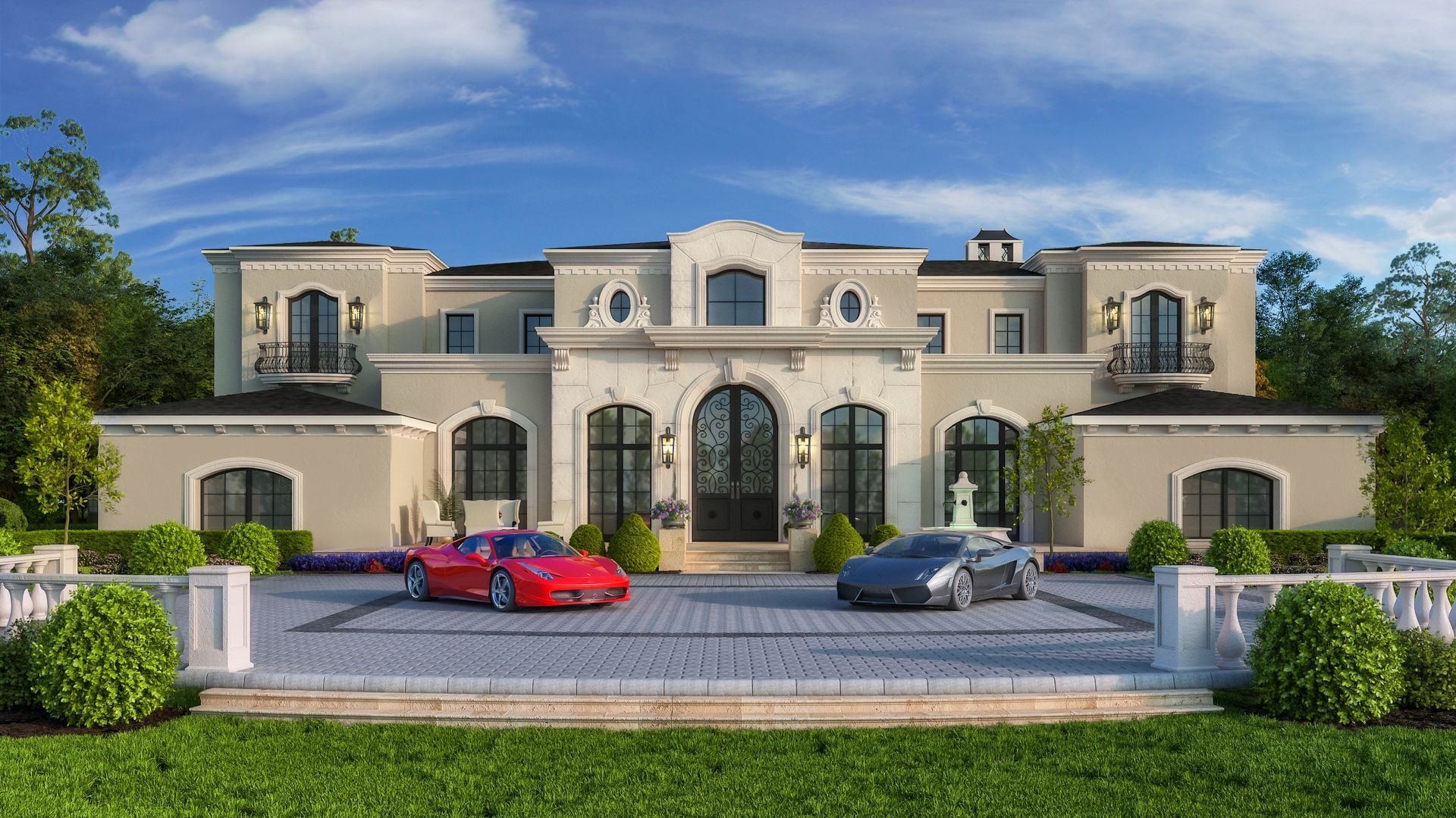 Two cars are parked in front of a large house.