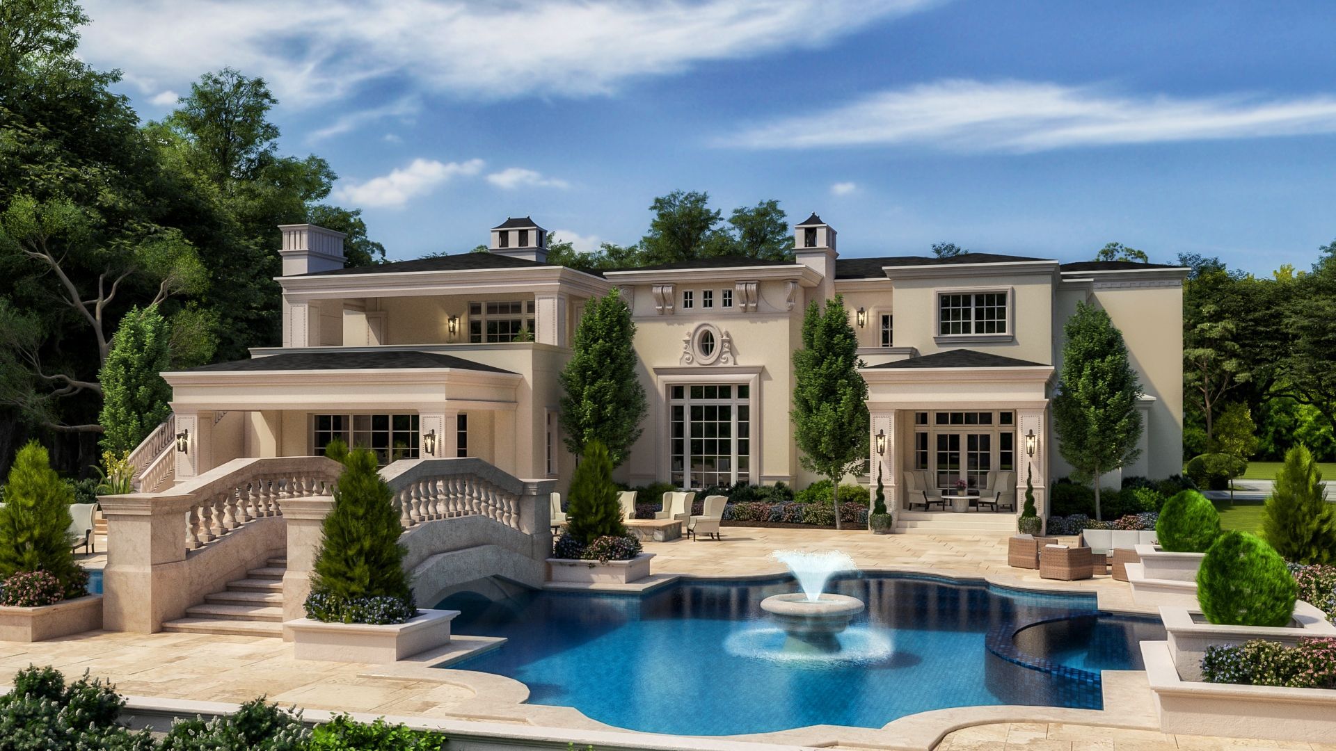 A large house with a large swimming pool in front of it