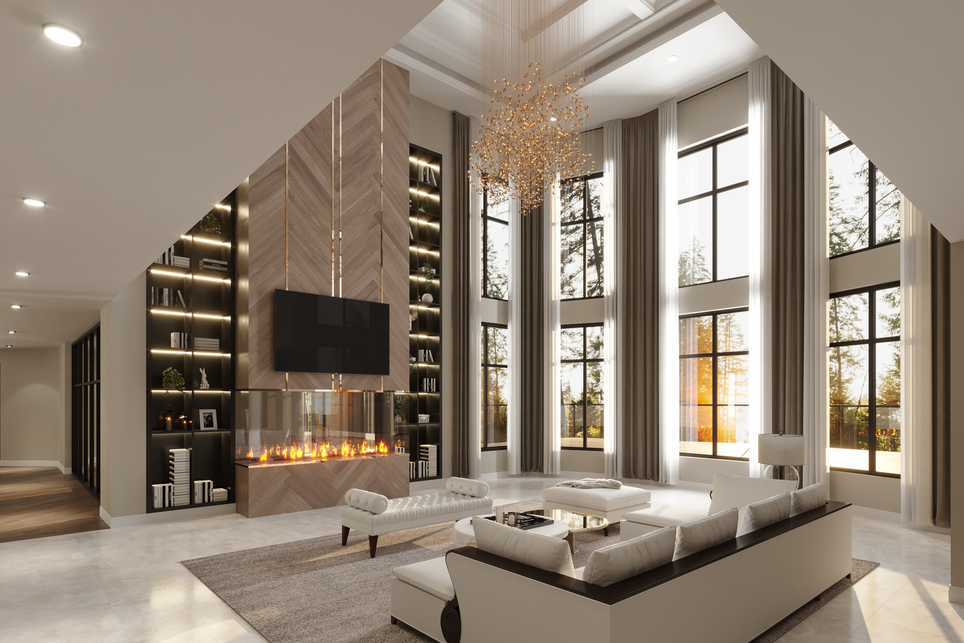 A living room with a fireplace and lots of windows