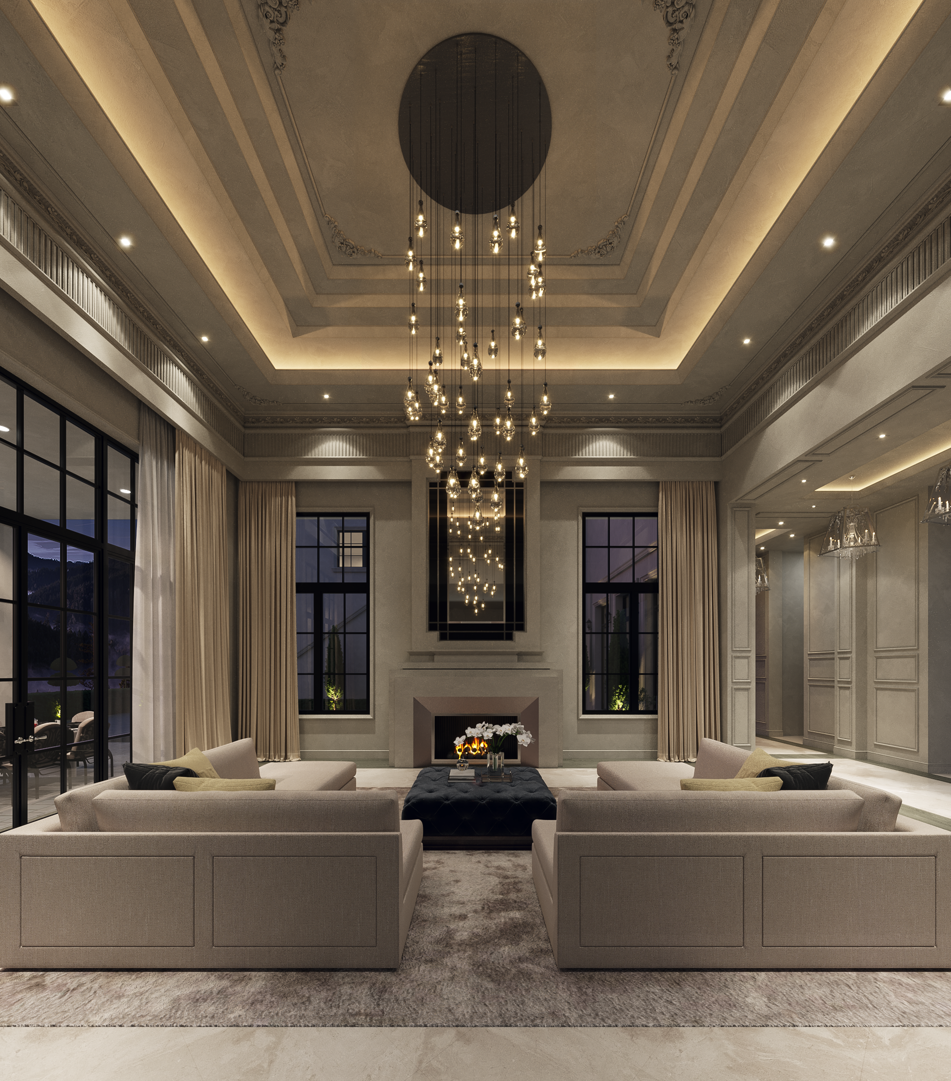 A living room with a large chandelier hanging from the ceiling